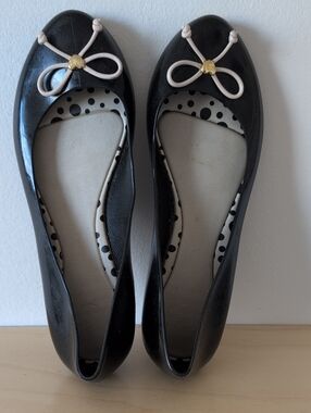 Melissa Black Flats with Cream Bow and Gold Accent